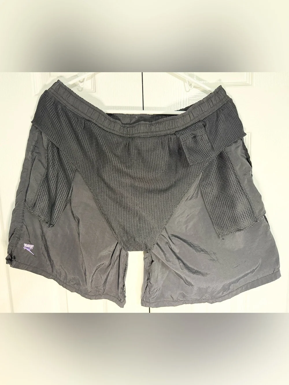 Vintage 90s Retro Speedo Black Swim Trunks with Purple Logo Accent